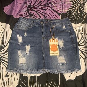 Wax Jean Distressed Dark Blue Denim Mini Skirt, Small